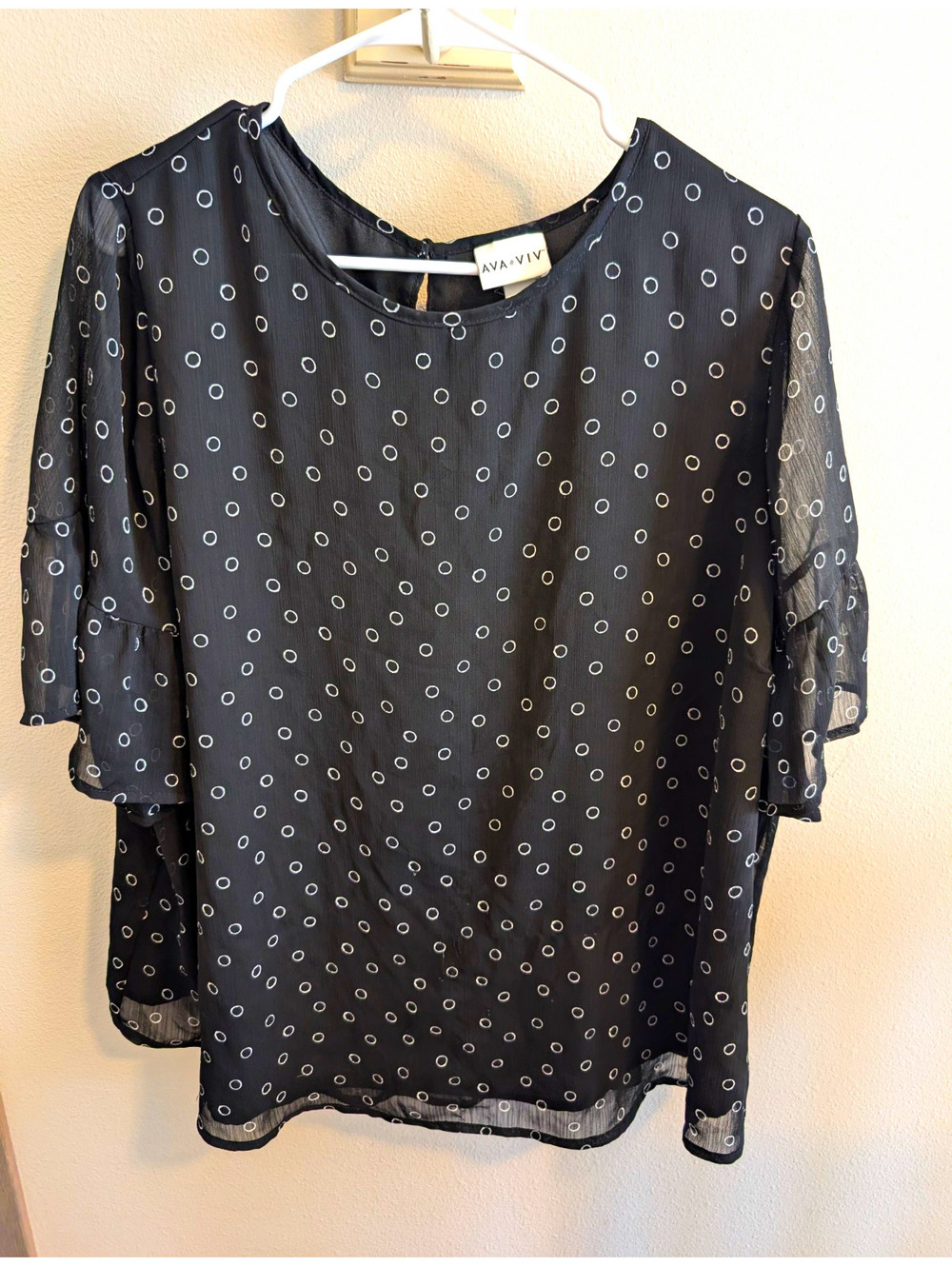 Ava & Viv Women's 1X Black White Polka Dot Chiffon Ruffle Top Sleeve Office
